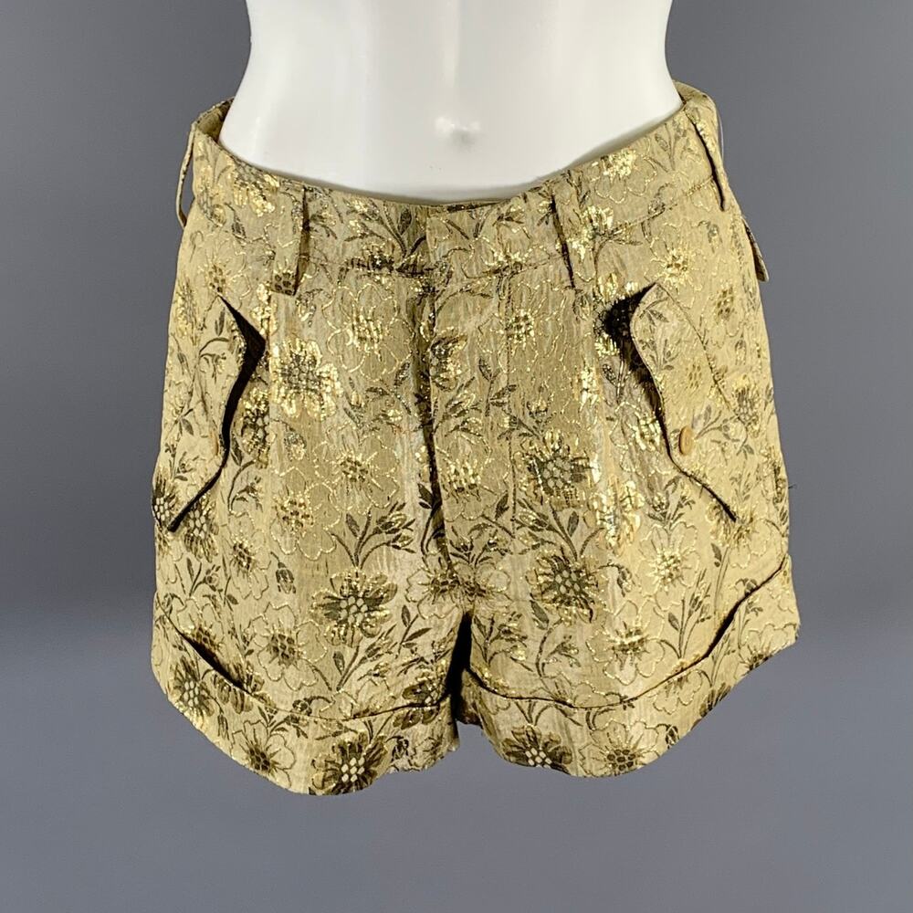 ETRO Size 2 Gold Gunmetal Silk Blend Floral Button Fly Shorts